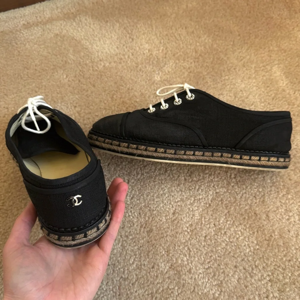 Chanel Lace Up Cotton Loafers Espadrilles 41 Black White